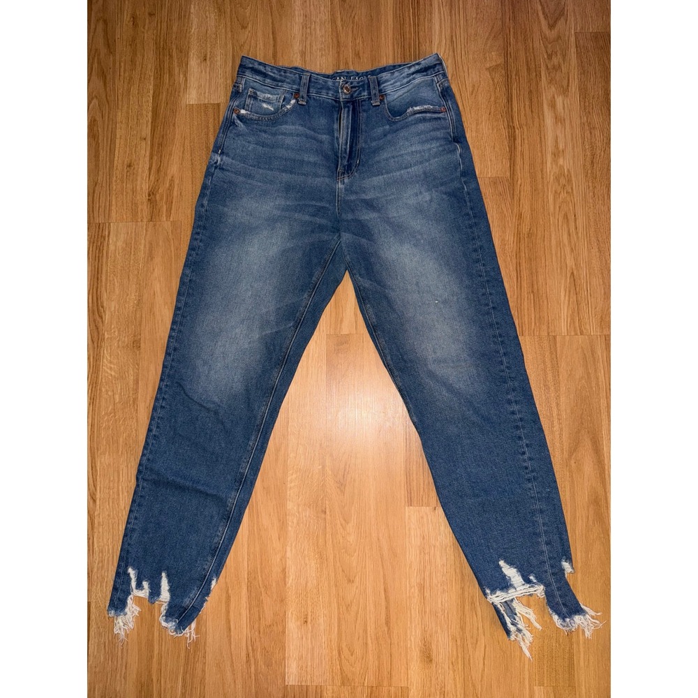 American Eagle Mom Jeans Womens 10 Blue Distressed Frayed Shredded Hem High Rise